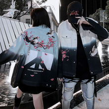 宽松男女夹克外套 原创小众潮牌情侣装 吊染渐变花鸟反战印花牛仔衫