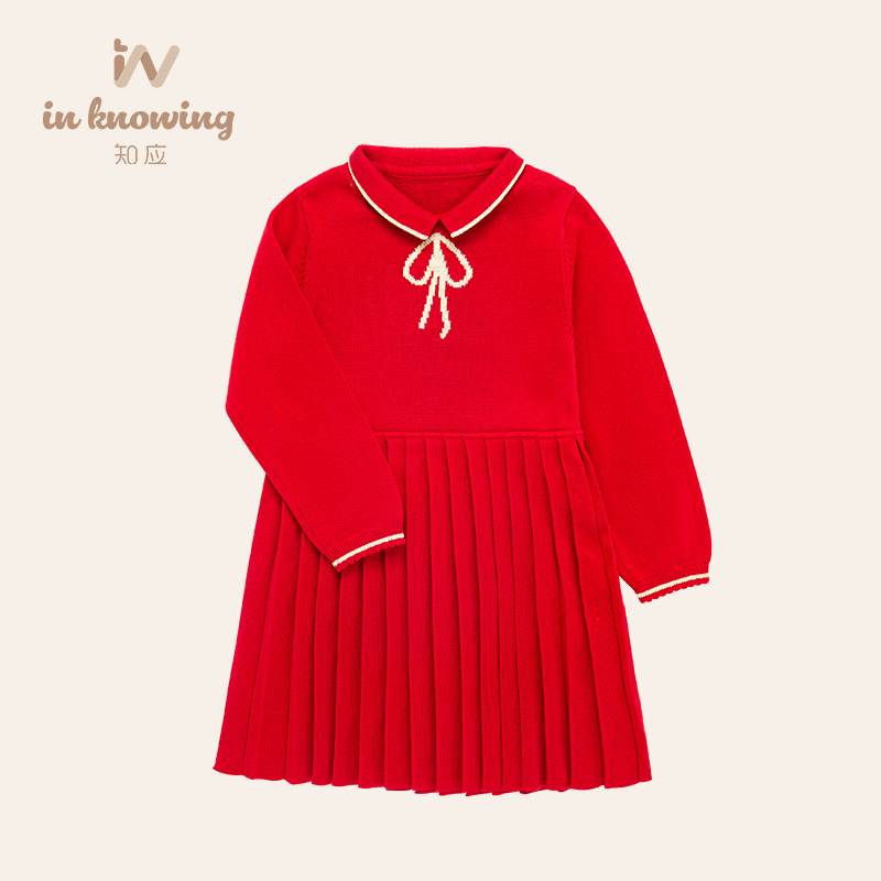 新年装女童红色套头毛衣裙2020秋冬新款儿童纯色加厚毛线连衣裙