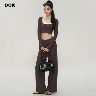 DCW普拉提瑜伽套装女跑步训练健身带胸垫长袖宽松长裤运动两件套