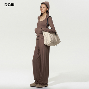 DCW美拉德风秋冬新款女士运动健身套装连帽长袖宽松阔腿裤瑜伽服