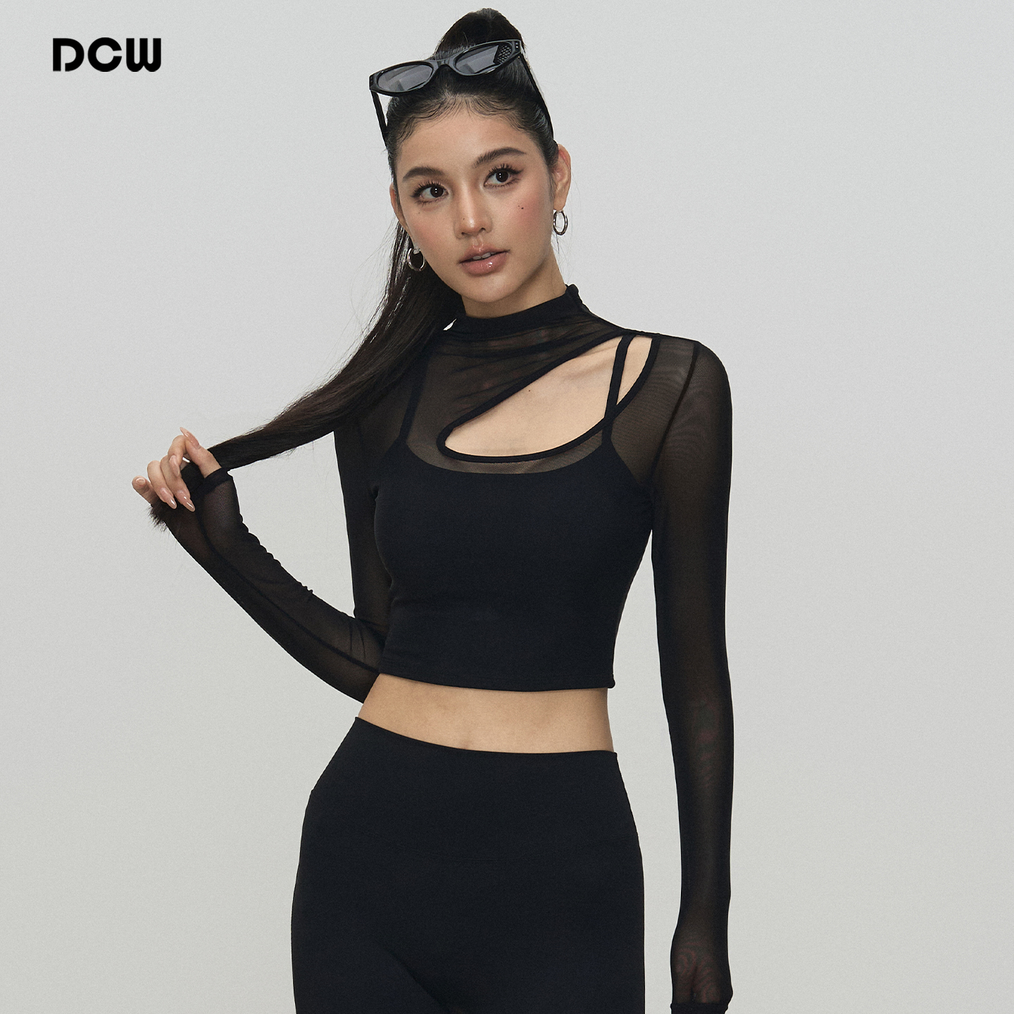 DCW带胸垫运动上衣女紧身显瘦网纱性感健身长袖普拉提训练瑜伽t恤