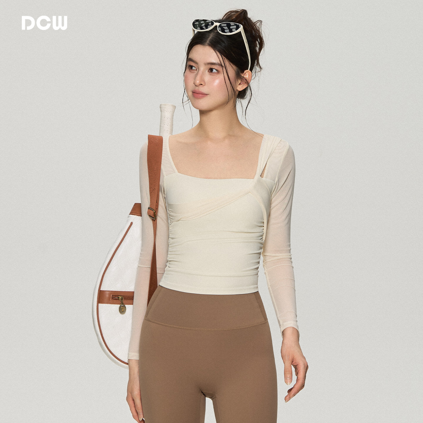 dcw普拉提训练网纱瑜伽服长袖女