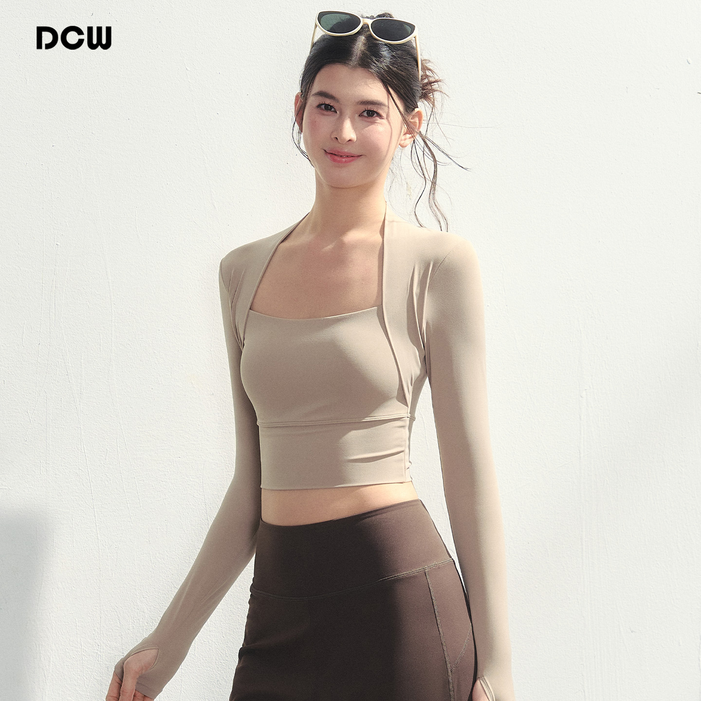 DCW披肩假两件瑜伽服长袖女户外运动训练T恤上衣跑步减震健身服秋