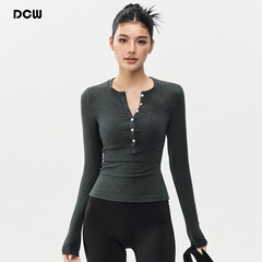 DCW瑜伽服长袖女紧身显瘦健身跑步训练运动上衣纽扣亨利衫打底t恤