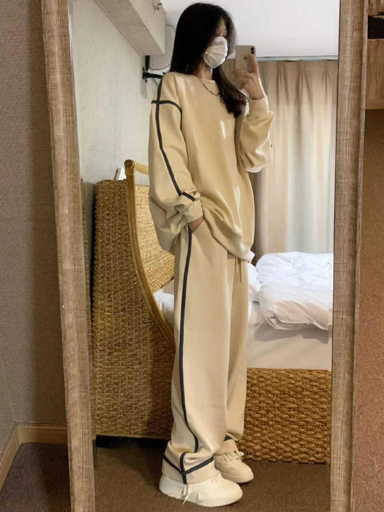 가을 여성을 위한 대학 스타일 운동복 루즈하고 슬림한 한국식 패셔너블한 스트리트 스웨트셔츠 캐주얼 투피스 런닝복