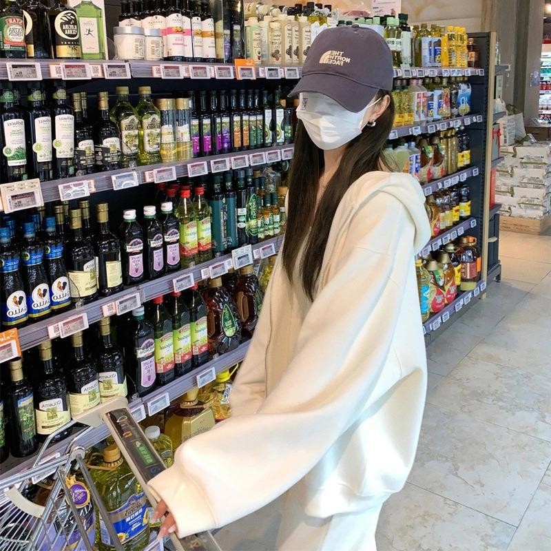 봄 가을 여성용 운동복 한국판 루즈 슬림 패셔너블 연령 감소 후드 스웨트 셔츠 캐주얼 투피스 세트