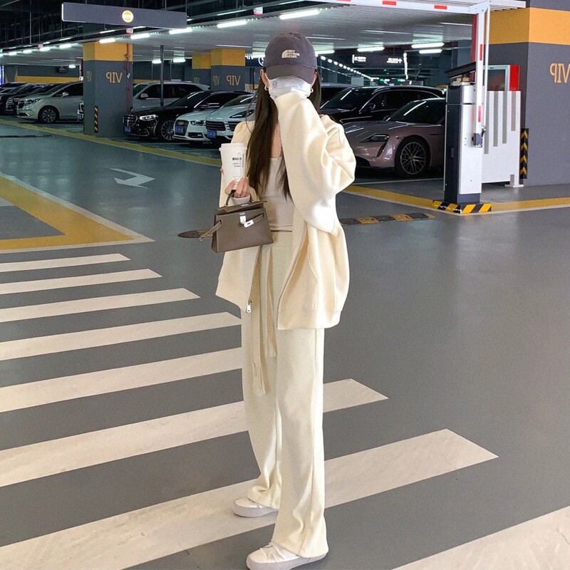 봄 가을 여성용 운동복 한국판 루즈 슬림 패셔너블 연령 감소 후드 스웨트 셔츠 캐주얼 투피스 세트