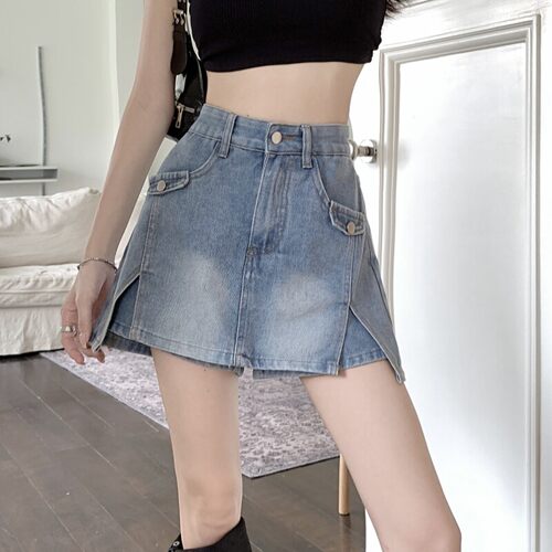 蓝色牛仔半身裙子女夏季