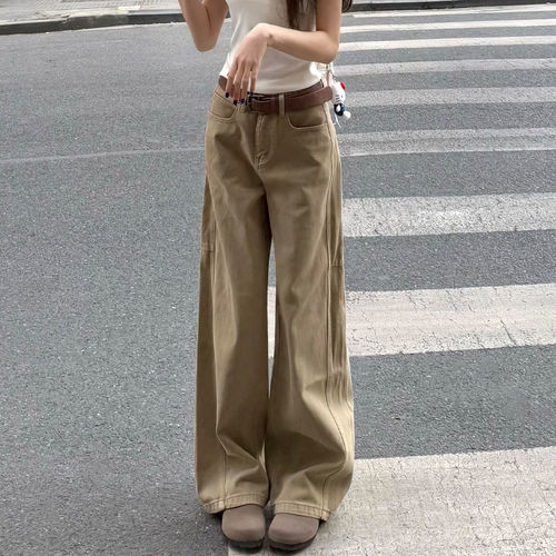 美式复古卡其色直筒牛仔