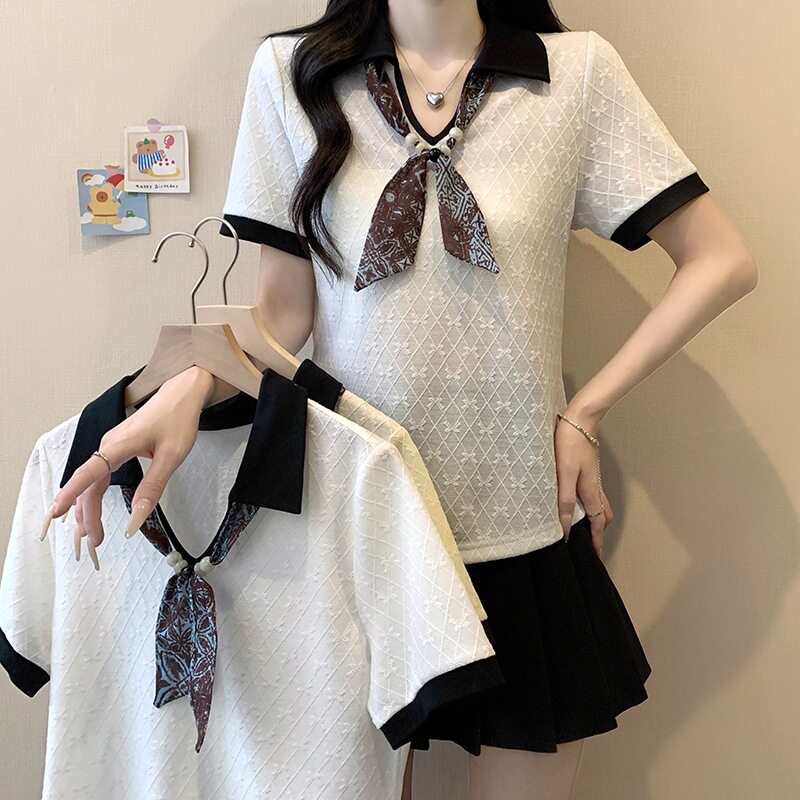 实拍夏装新款胖大码女法式优雅丝巾撞色提花别致短袖上衣