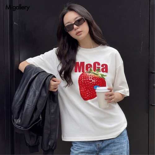 Mgallery草莓短袖多巴胺正肩辣妹T恤美式宽松情侣男女同款