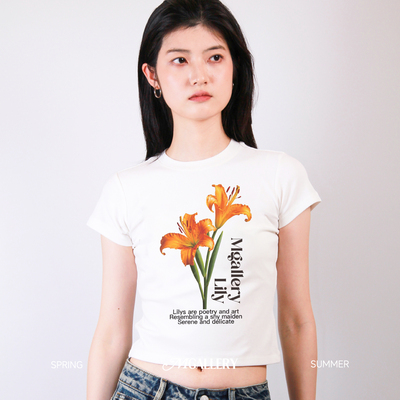 Mgallery花卉印花桔色百合紫色鸢尾花宽松紧身短袖上衣短袖T恤