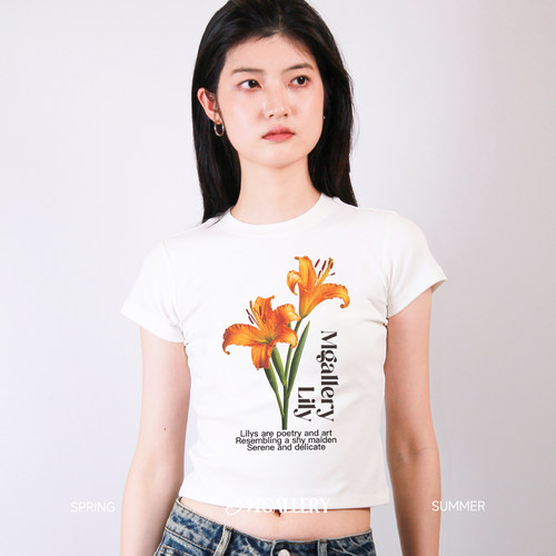 Mgallery花卉印花桔色百合紫色鸢尾花宽松紧身短袖上衣短袖T恤