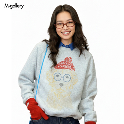 Mgallery男女重磅秋冬宽松短款小红帽小狗圆领卫衣2025AWWY0013