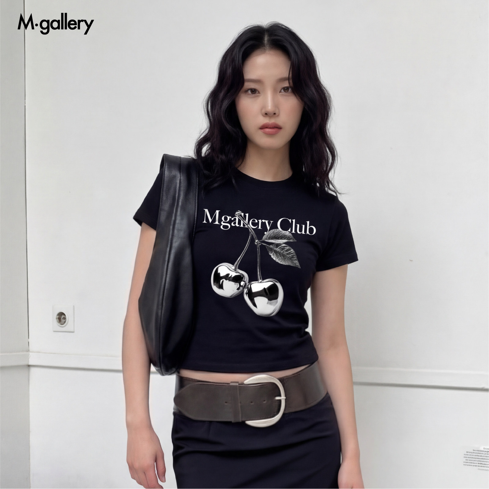 Mgallery金属质感樱桃印花酷情侣男女同款长袖T恤紧身正肩短袖T恤图片