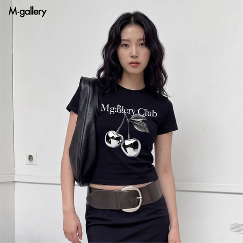 Mgallery金属质感樱桃印花酷情侣男女同款长袖T恤紧身正肩短袖T恤