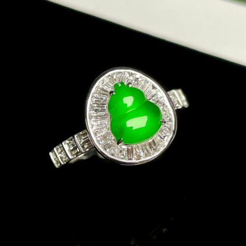 小夏珠宝18K金南非钻镶嵌缅甸天然A货翡翠玻璃种阳绿葫芦戒指