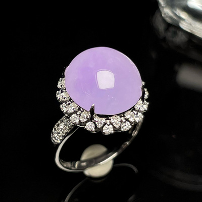 特价小夏珠宝18K金南非钻镶嵌缅甸天然A货翡翠冰种紫罗兰蛋面戒指