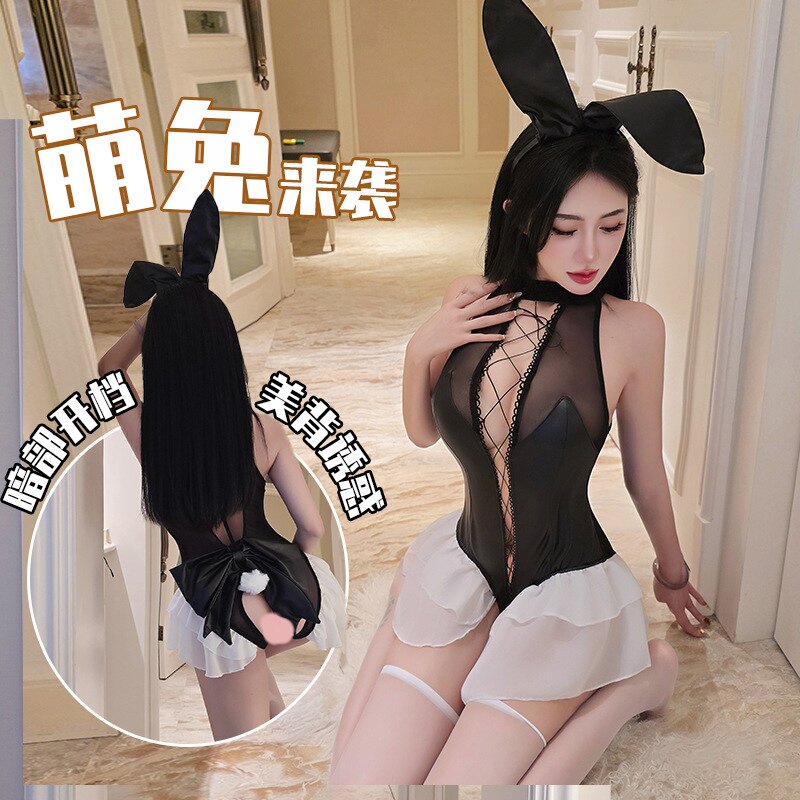 性感纱裙皮衣兔女郎免脱连体衣服
