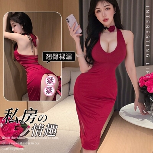 挂脖深V睡裙免脱御姐风睡衣情调秘书制服趣味收腰开叉露背连衣裙