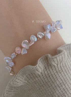 粉蝶恋油亮巴洛克香槟色花瓣珍珠手链蝴蝶吊坠金属光 美国14k注金