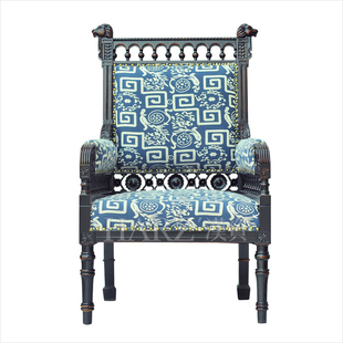 欧式 古典海派复古实木雕刻布艺单人沙发椅高档奢华休闲咖啡厅椅子