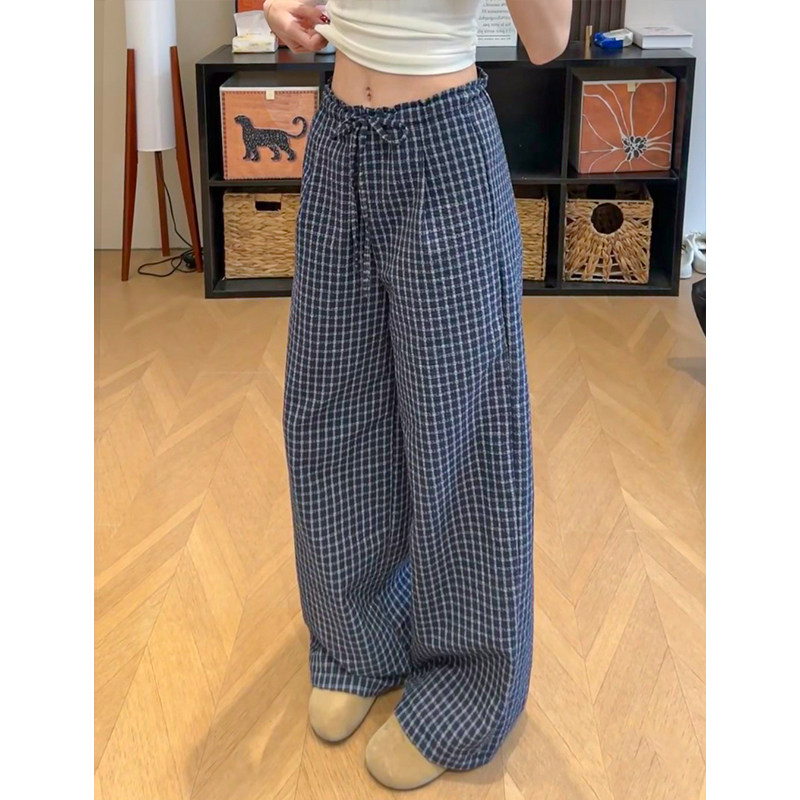 藏青色韩版木耳边格子休闲裤女