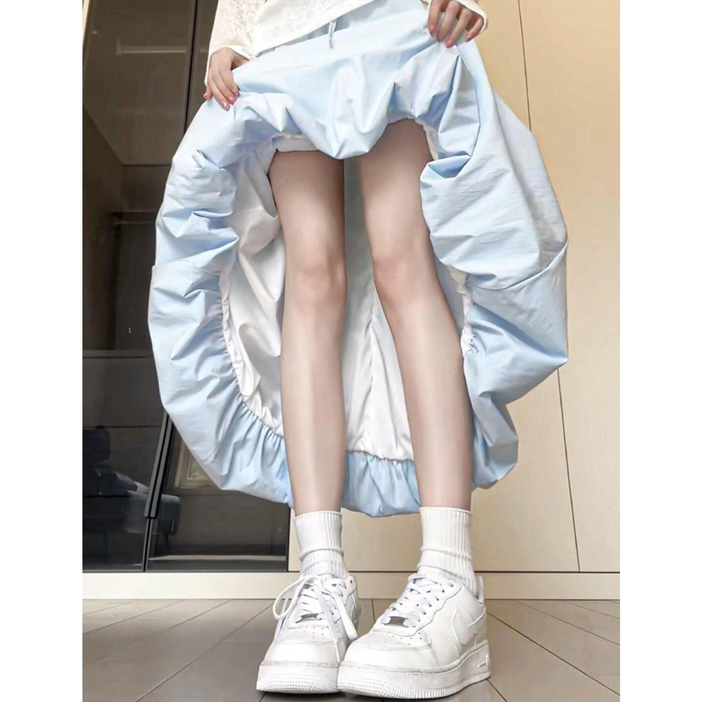 蓝色花苞半身裙女2026年春新款仙女风中长款伞裙松紧腰休闲蓬蓬裙