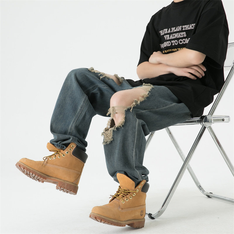 2025夏季新款！老爹破洞宽松直筒牛仔裤809B-DK22-P55控78,男装牛仔裤,星座809B（原星座805）