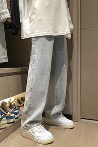 秋季港风宽松阔腿牛仔裤直筒侧边格子裤子 805-T07-P50 控68图片