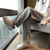 秋季港风宽松阔腿牛仔裤直筒侧边格子裤子805-T07-P50控68，男装牛仔裤，星座809B（原星座805）