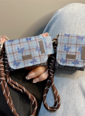 ins皮质牛仔蓝色格纹蝴蝶适用华为freebuds5i/6i保护套se2蓝牙华为clip耳机壳pro3