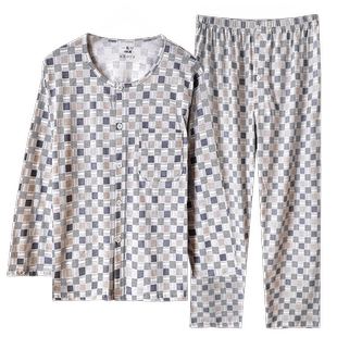 中老年全纯棉睡衣两件套男士长袖开衫春秋夏季薄款老人家居服套装