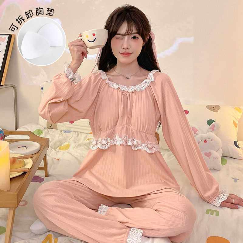 睡衣女秋季薄款棉质带胸垫长袖长裤两件套装女士宽松春秋款家居服