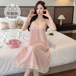睡裙女款2026新款夏季带胸垫吊带性感花边棉质中长款睡衣连衣裙子