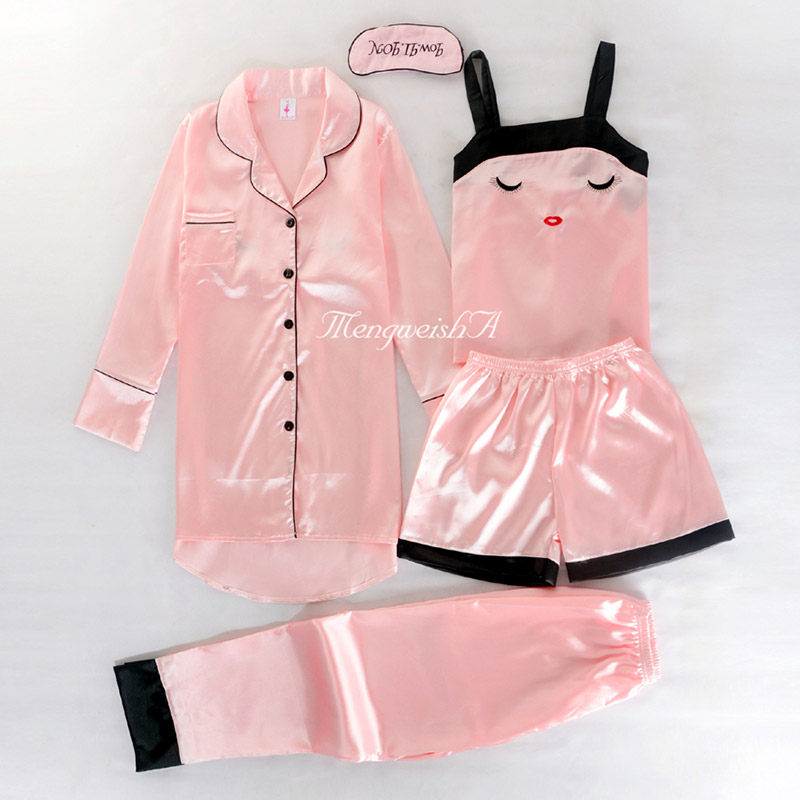 韩版睡衣女春秋性感五件套真丝绸吊带冰丝薄款睡袍家居服套装夏季