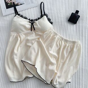 两件套韩版 棉纱吊带短裤 性感奶乎乎家居服 夏季 杏色带胸垫睡衣女款