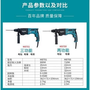 牧田轻型电锤M8700 8701多功能两用三用冲击钻混凝土打孔凿削工具