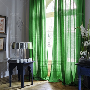 达人纺北欧客厅落地窗透气透光不透人深绿色翠绿半遮光仿亚麻窗帘