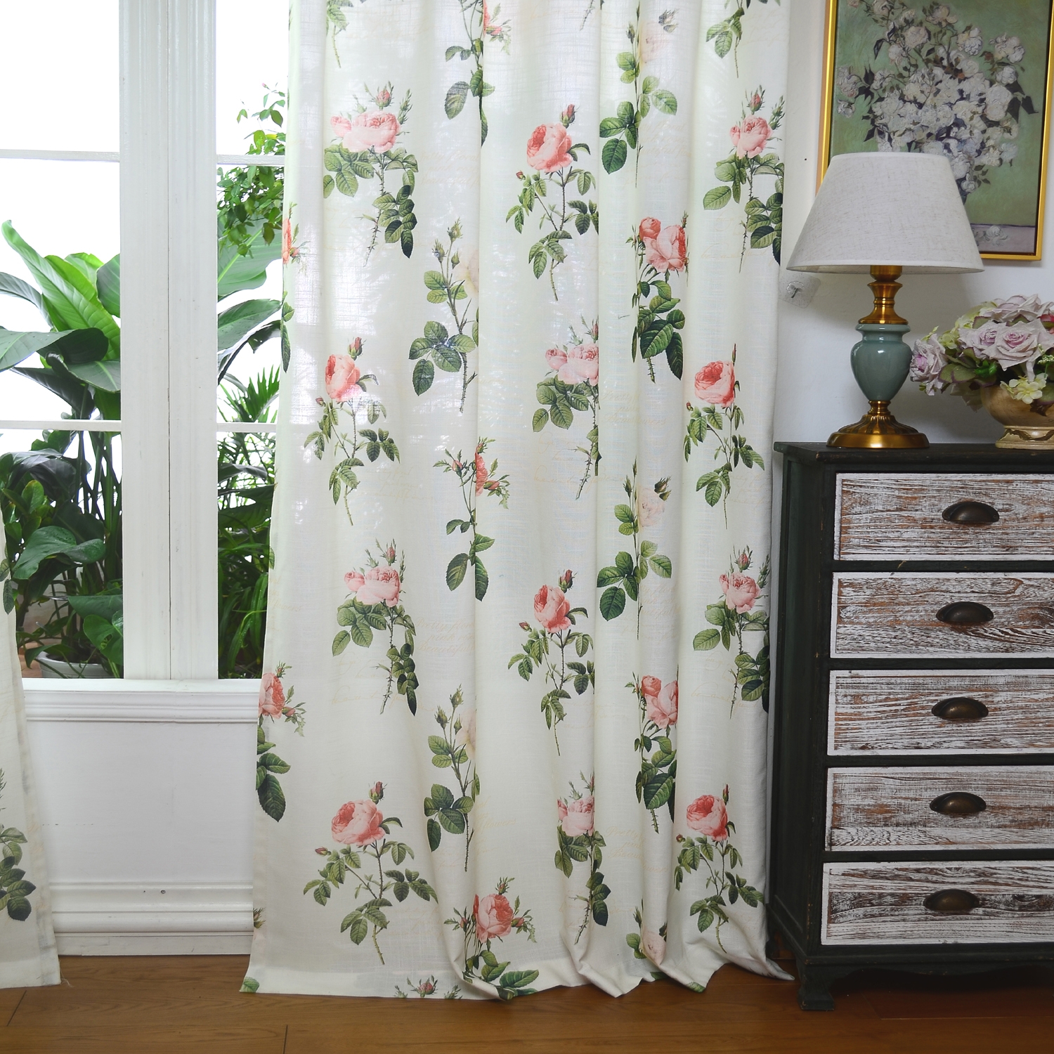 卧室书房飘窗落地窗植物美式田园花卉棉麻竹节麻印花窗帘布料