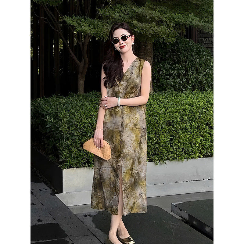 香云纱背心连衣裙女夏季碎花长裙