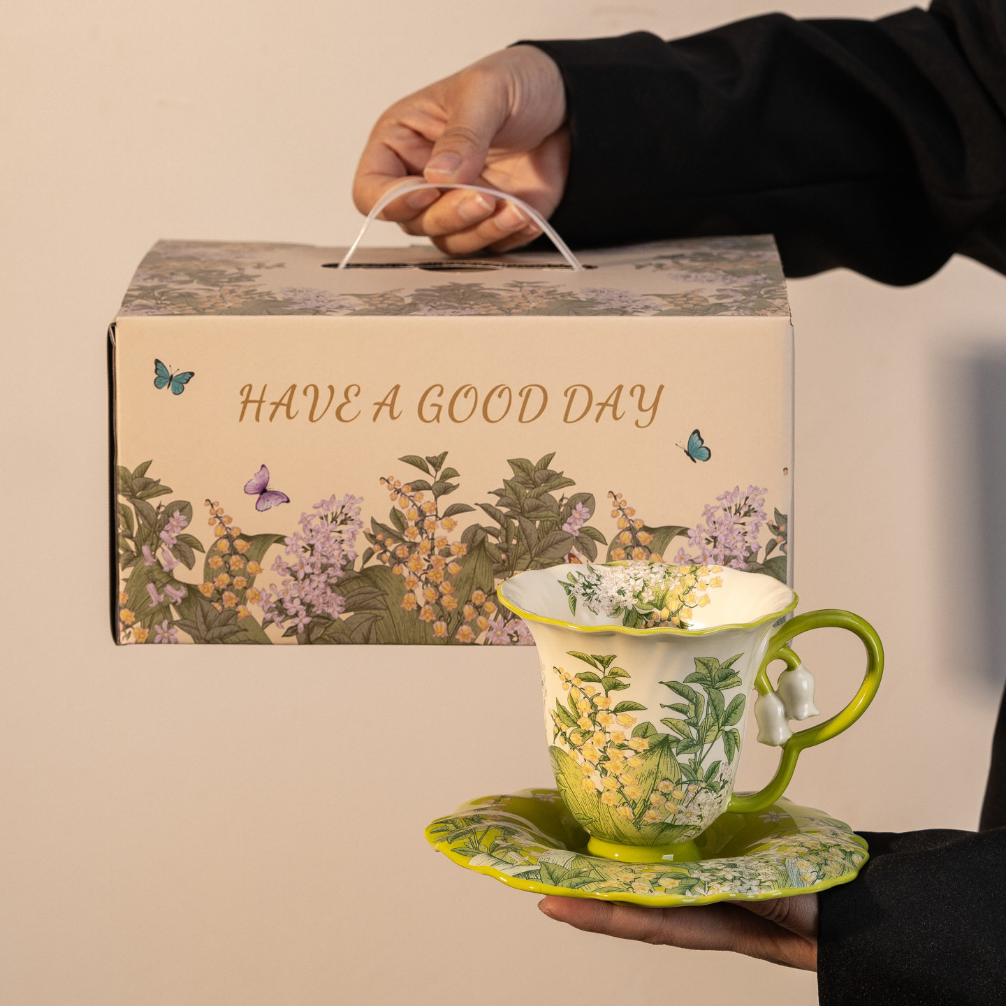 油画春暖风铃花咖啡杯碟中古风午茶水杯马克杯送女生礼物伴手礼