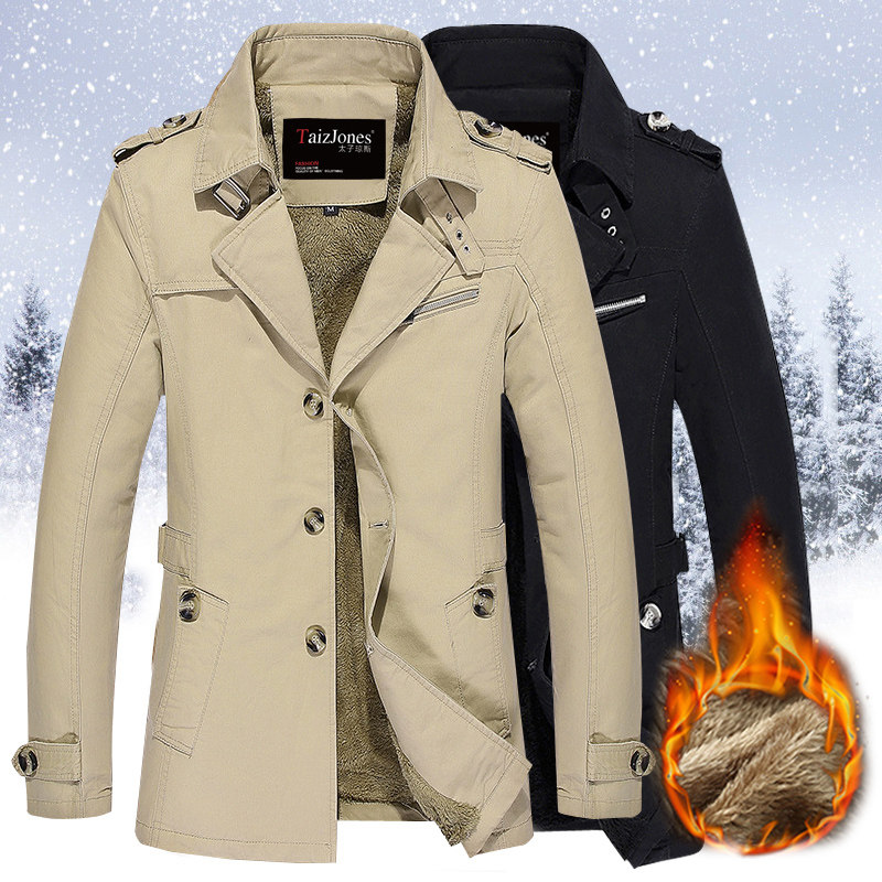 加绒加厚男士外套商务休闲秋冬装中长款棉布衣夹克外套大码中青年