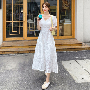 2021夏季 仙女气质白色方领甜美长裙子 韩版 新欧根纱连衣裙女中长款