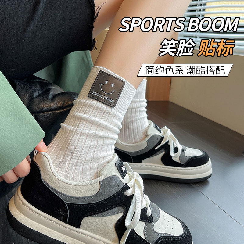 黑白色袜子女棉潮ins超火的百搭中筒堆堆袜配aj运动鞋春秋初中生