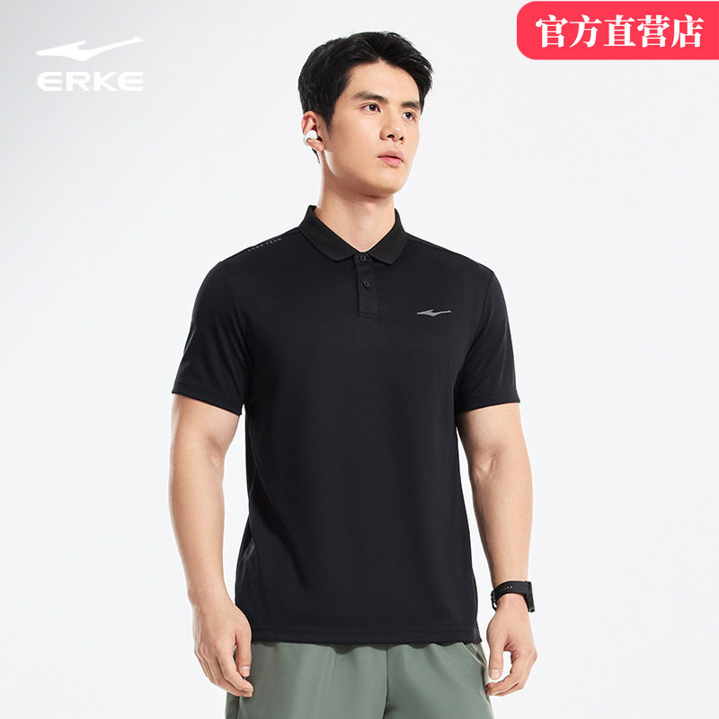 鸿星尔克polo衫男2026夏季新款男士运动速干冰丝短袖t恤黑色上衣