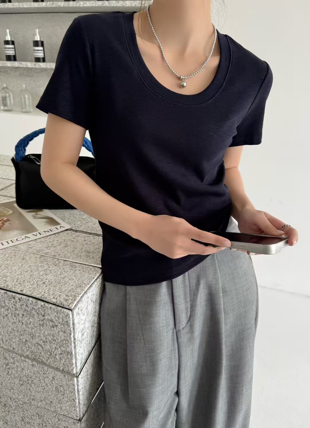三可棉夏款韩版U领基础时尚感纯色百搭短袖纯棉T恤上衣棉高弹