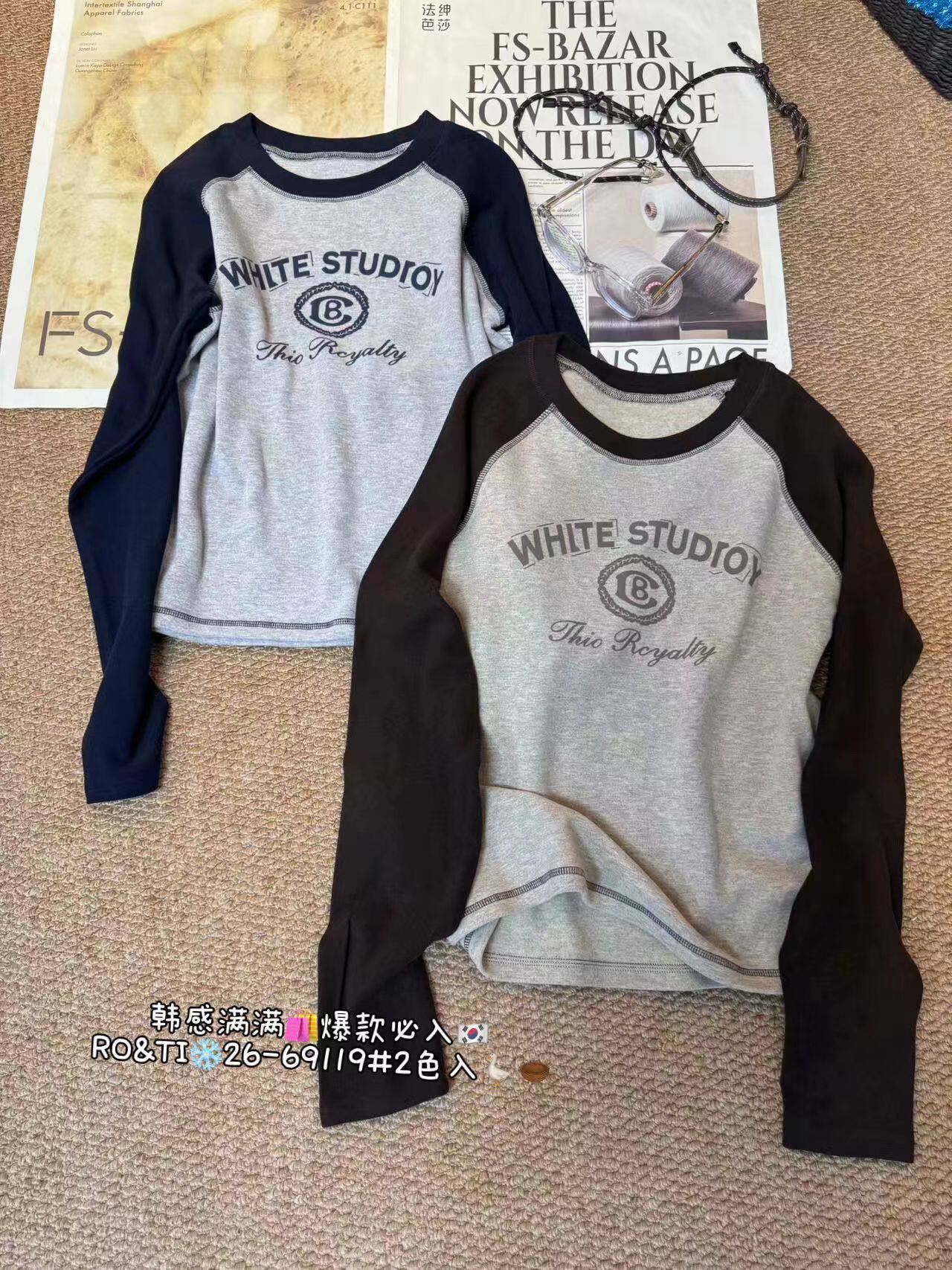 新圆领长袖打底衫T恤德绒拼接字母图案棉高弹力女上衣时尚休闲款
