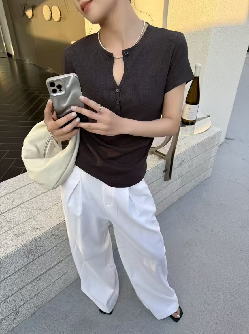 三可螺纹棉短袖打底衫 扣子V领设计修身高弹力t恤纯色女上衣夏棉