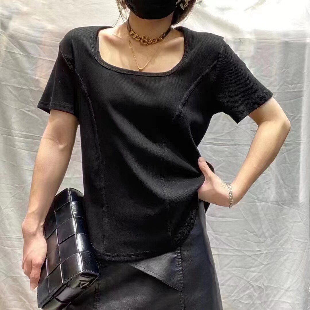 7626蚂蚁腰短袖锁骨领打底衫 方领T恤不规则女上衣棉t血
